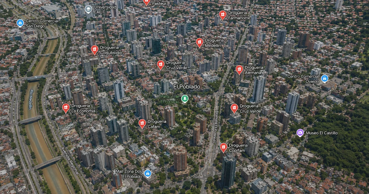 Vista de ciudad con resultados de búsqueda local en Google Maps